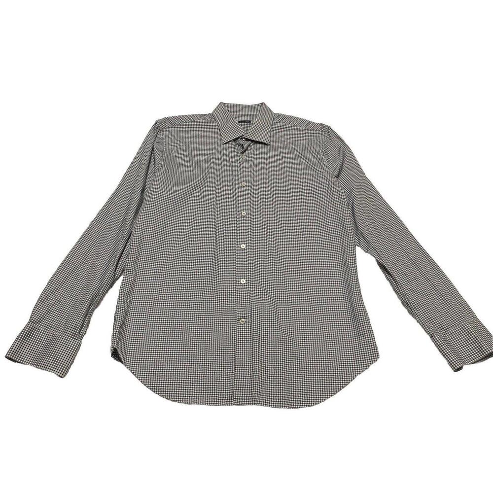 Saks Fifth Avenue Men Shirt 16 1/2 Gray Houndstooth Print Long Sleeve Button Up